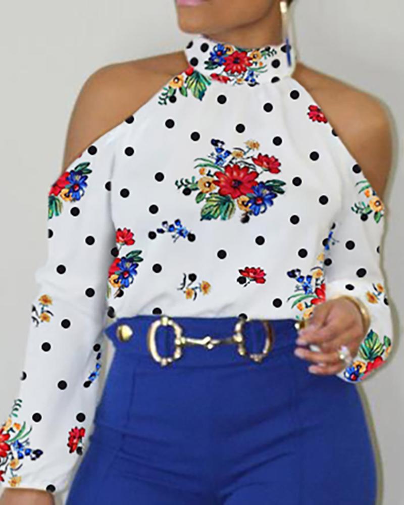 

Cold Shoulder Floral Dot Print Blouse
