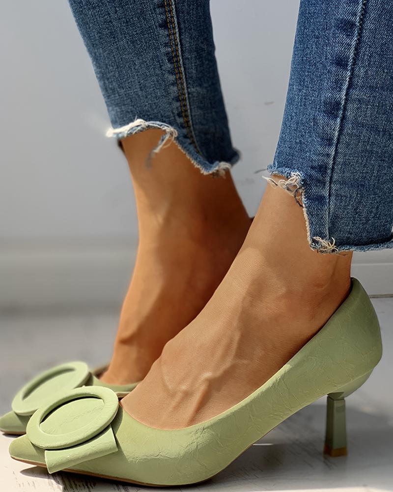 

Solid Pointed Toe Hole Embellished PU Thin Heels, Green