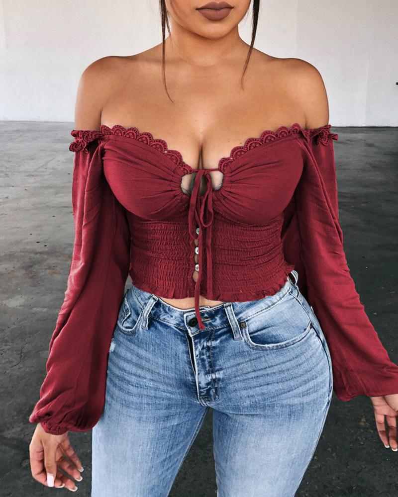 

Solid Lace-Up Buttoned Shirring Waist Blouse, Wine red