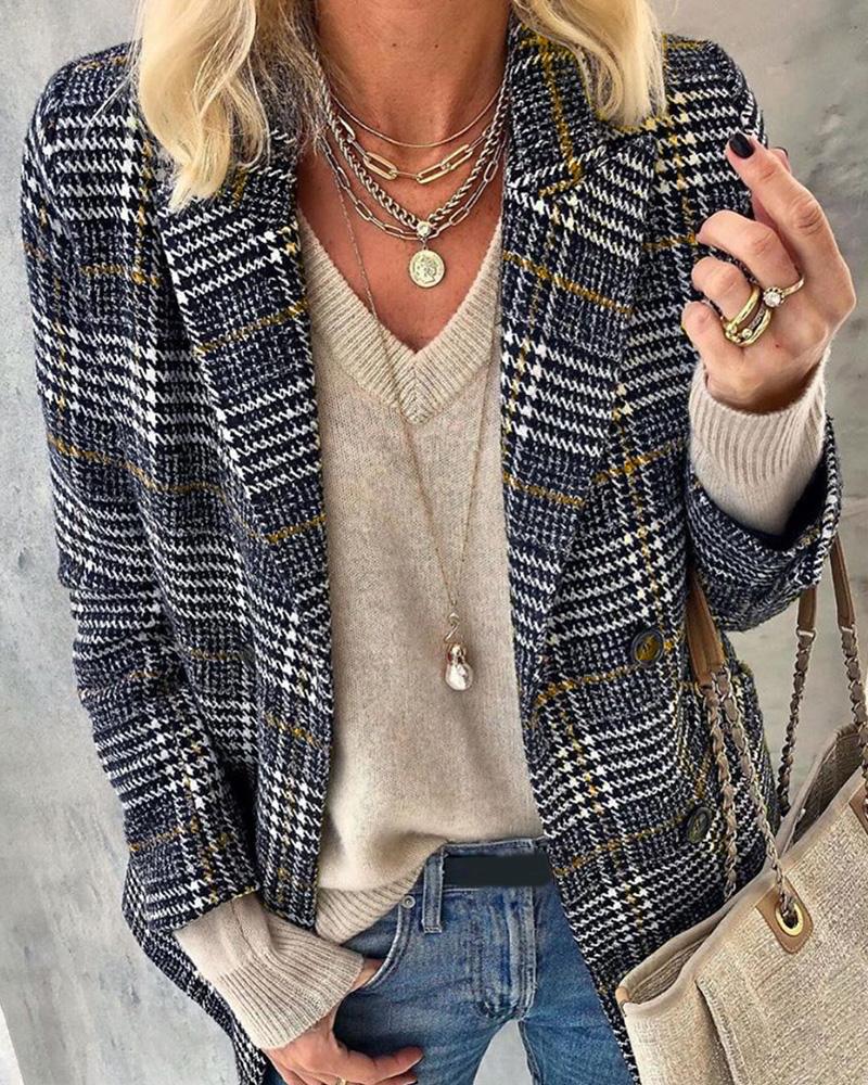 

Button Design Plaid Casual Blazer Coat, Dark grey