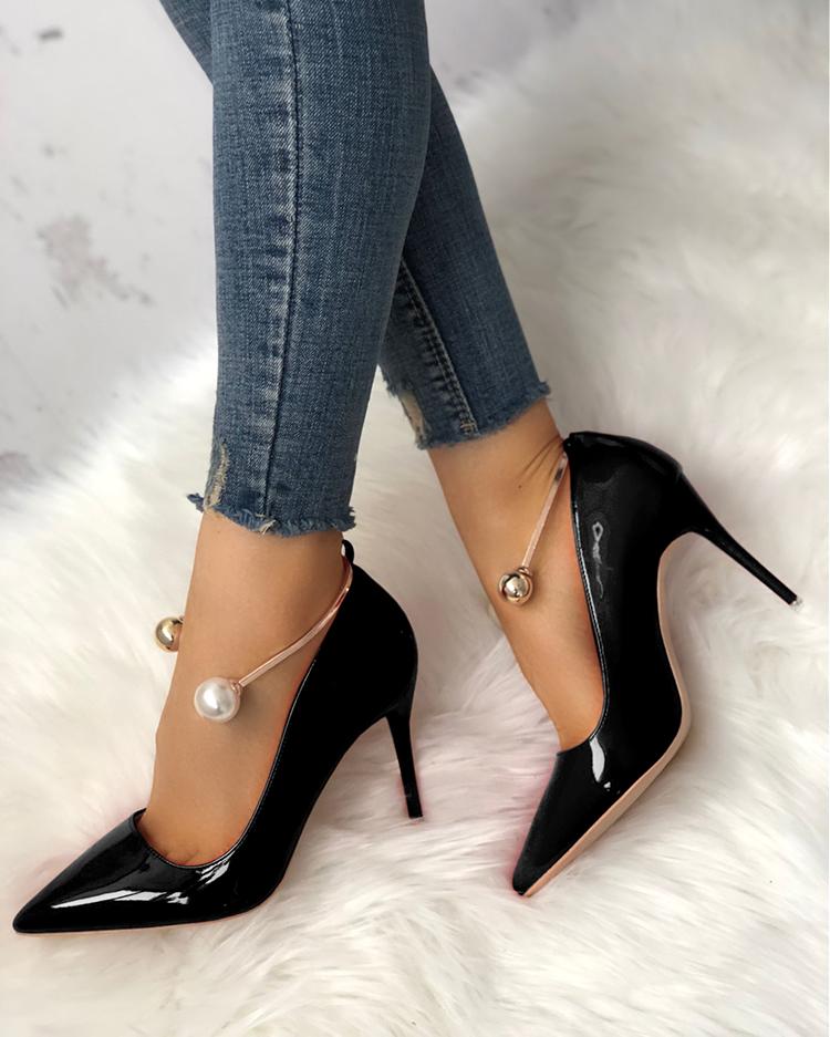 

Stylish Beading Decorated Pointed Toe Thin Pumps, Black