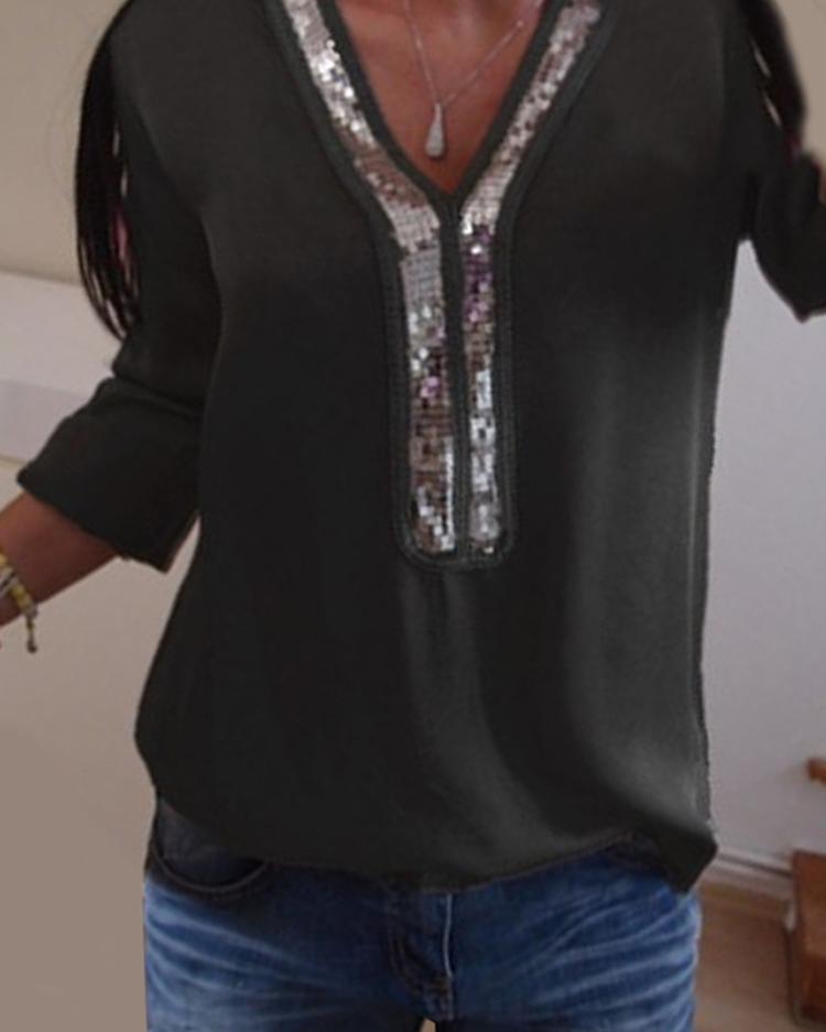 

Contrast Sequins Insert Casual T-Shirt, Black