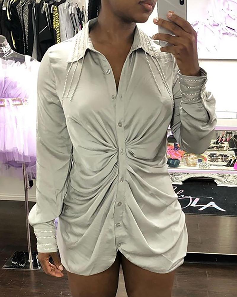

Turn-down Collar Tassel Design Ruched Buttoned Shirt Dress, White