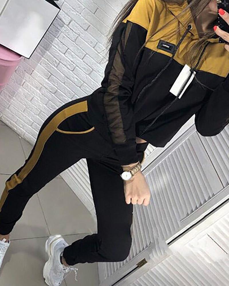 

Hooded Colorblock Insert Drawstring Sweatshirt & Pants Sets, Yellow