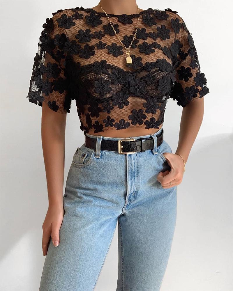 

Round Neck Lace Trim Mesh Crop Top, Black