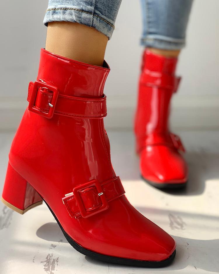 

PU Buckle Design Chunky Heeled Boots, Red