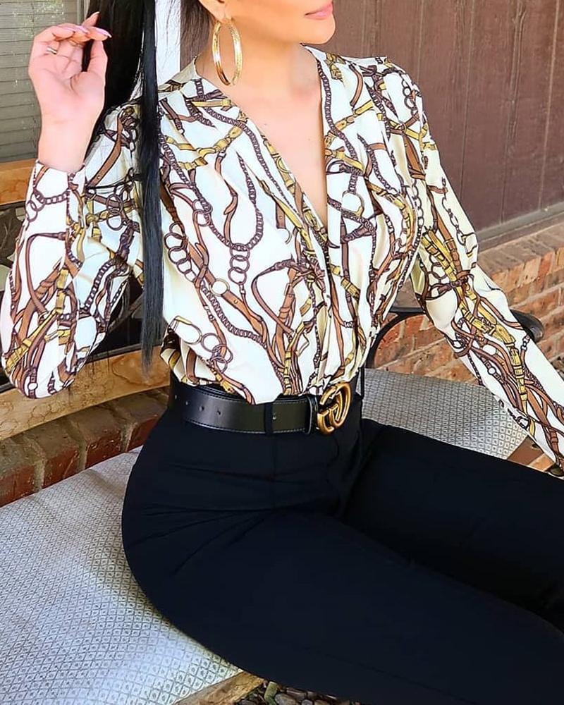 

Chain Print V-Neck Wrap Bodysuit, White