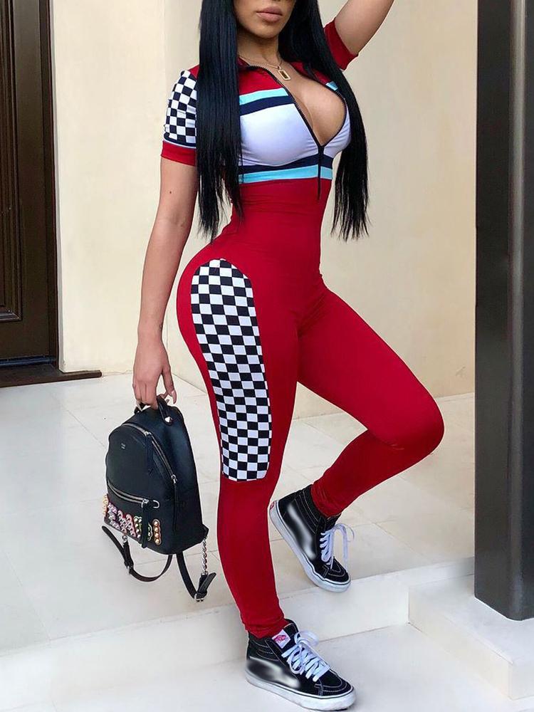

Fashion Contrast Color Zipper Up Motorsport Jumpsuit, Red