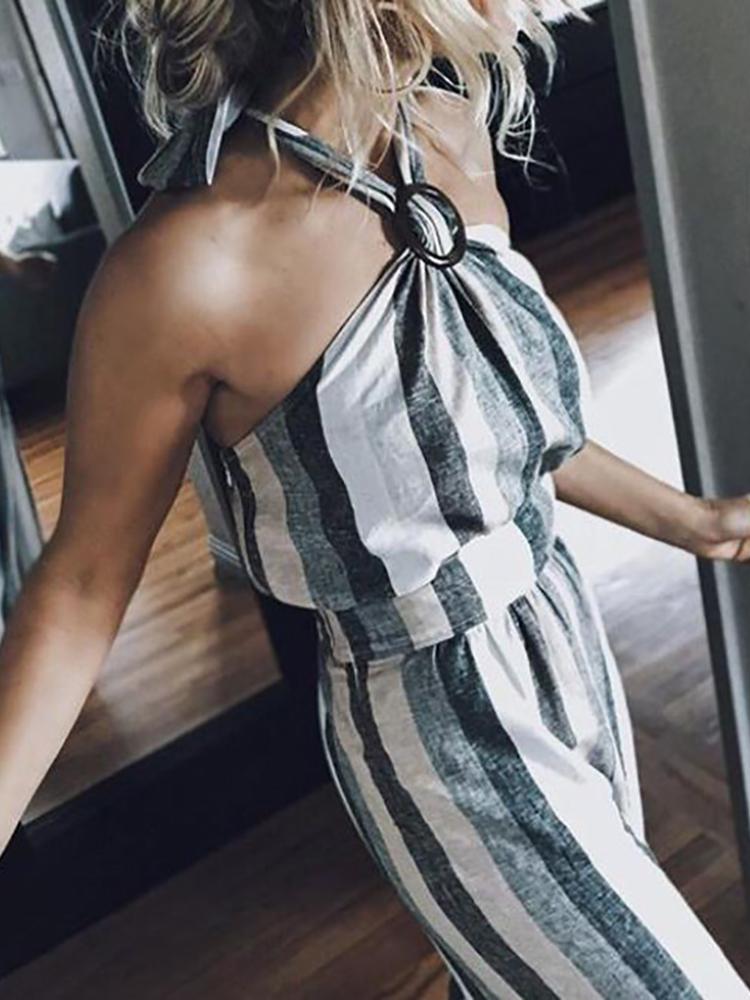

Sexy Contrast Striped Halter Side Zipper Jumpsuit
