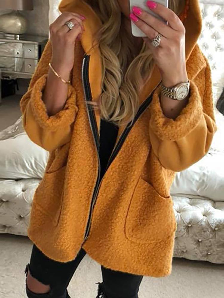

Solid Fluffy Zipper Up Pocket Design Hooded Coat