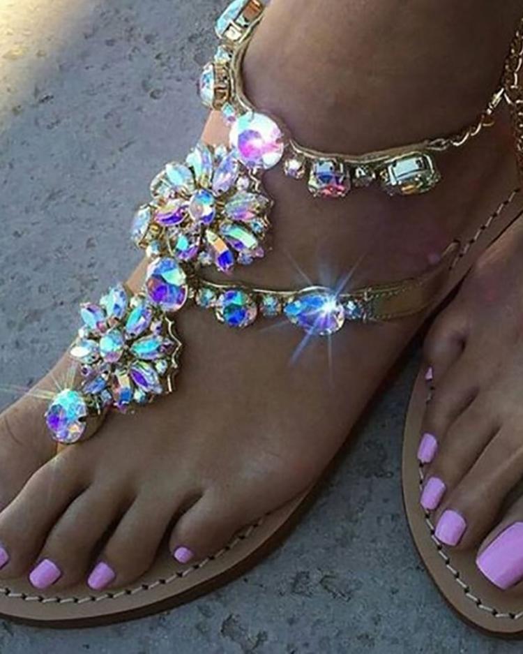 

Shiny Embellished Toe Post Flat Sandals, Gold