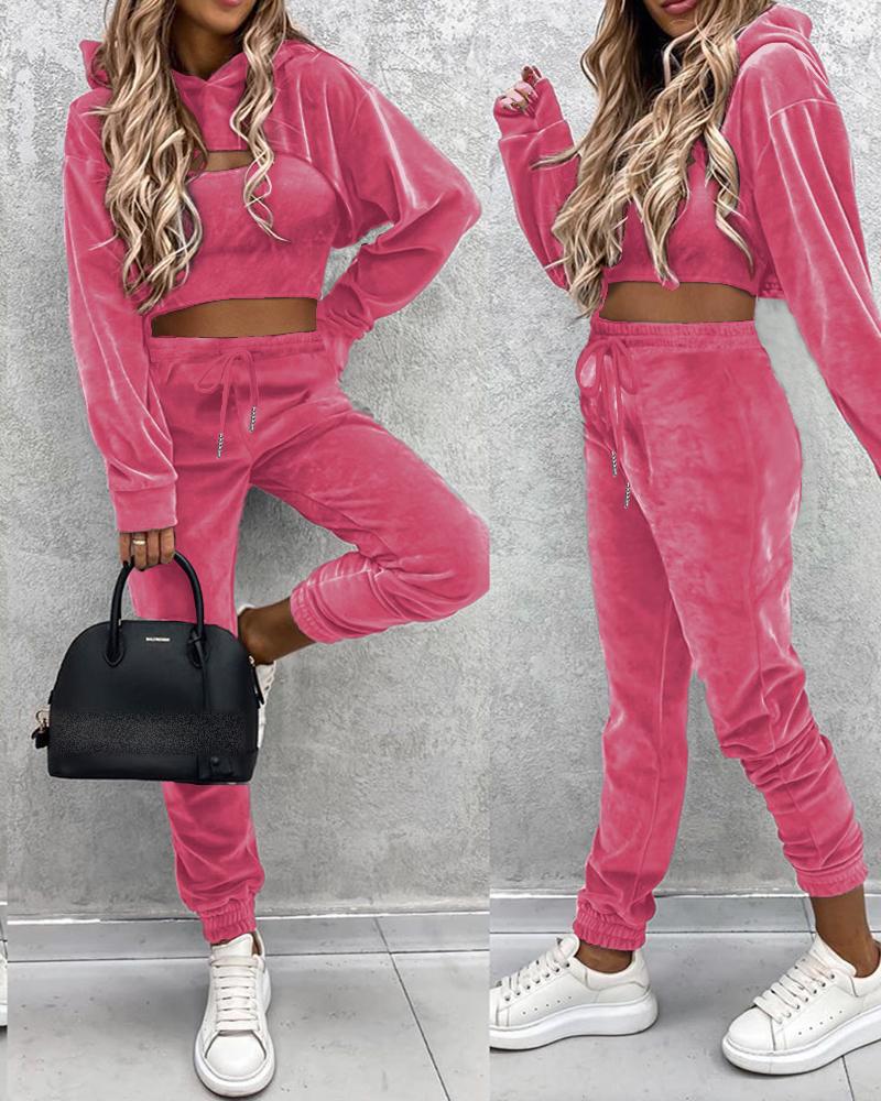 

Plain Crop Top & Hooded Coat & Pants Set, Hot pink