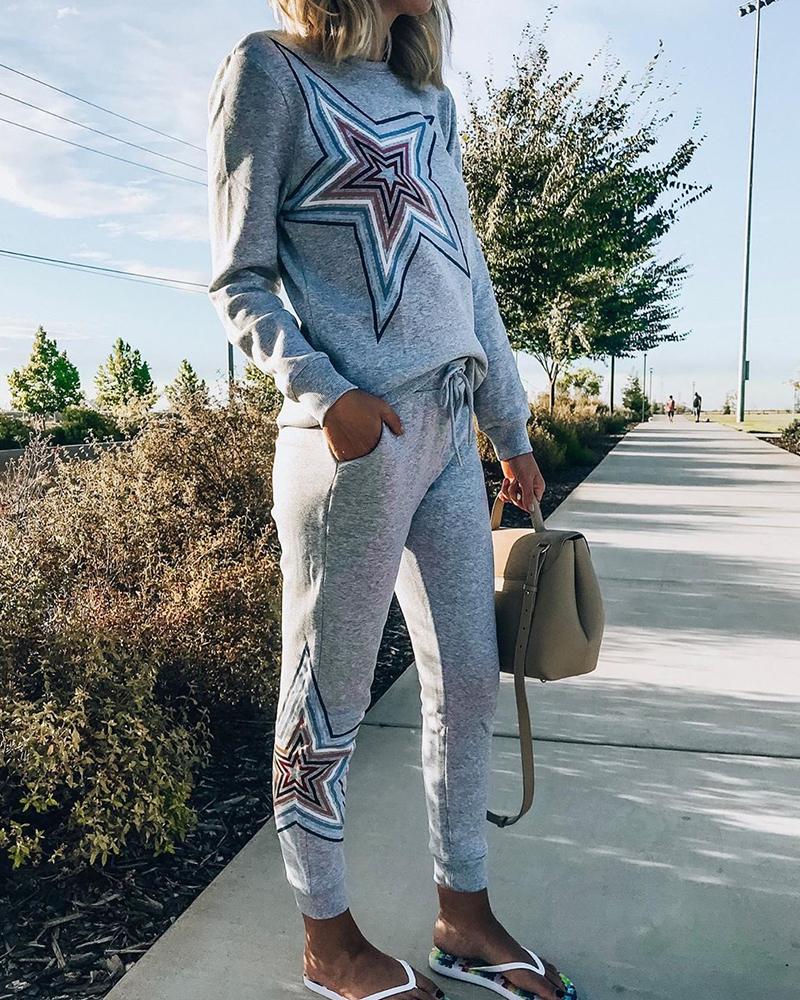 

Star Print Casual Top + Pants Set, Gray