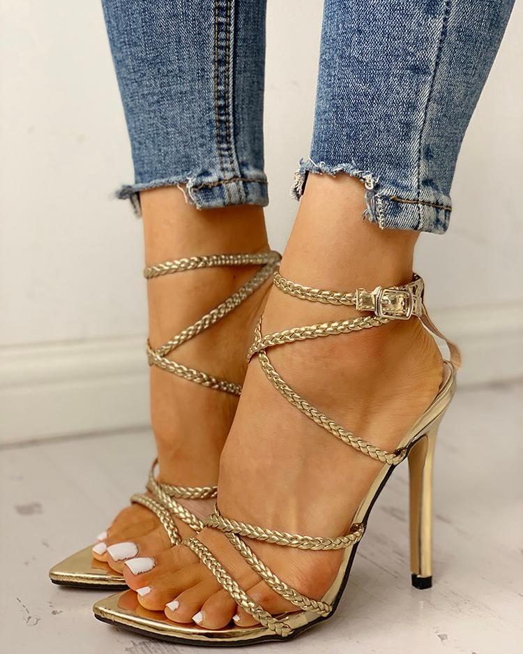 

Crisscross Braided Strap Buckled Sandals, Gold