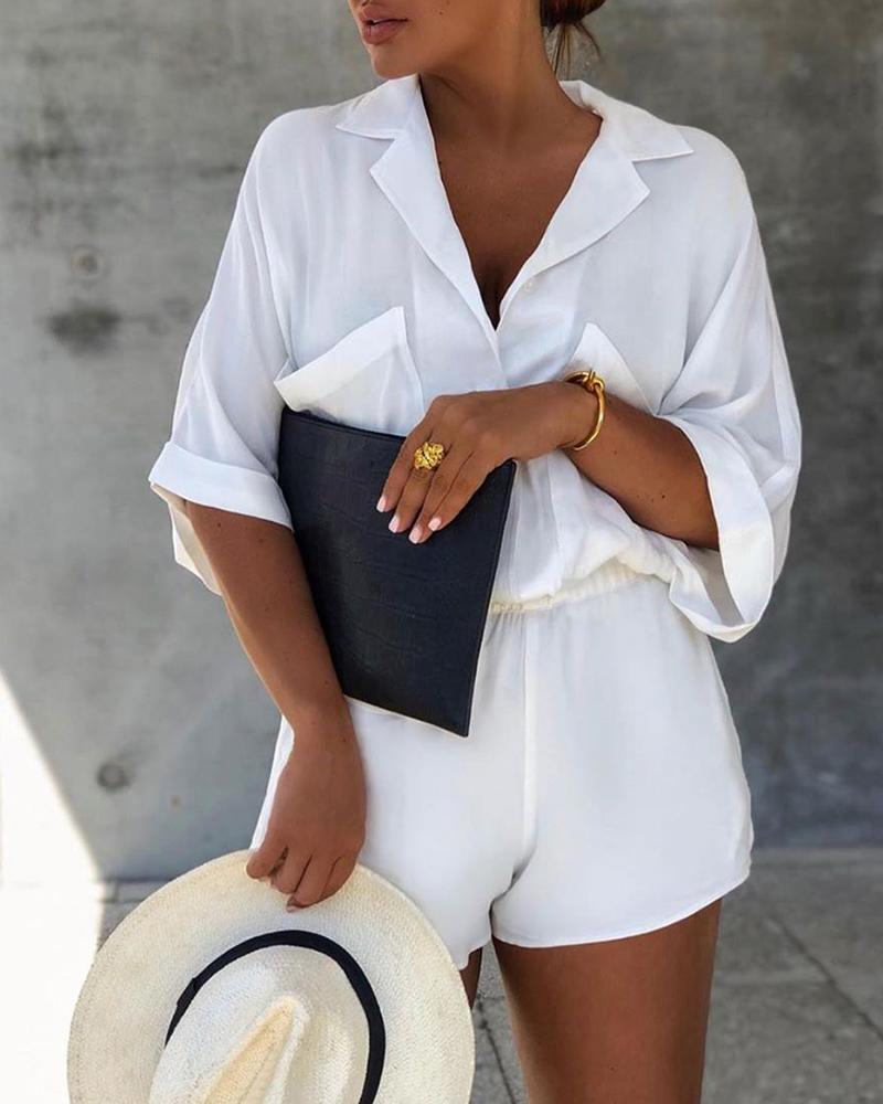 

Solid Notched Neck Casual Shirt Romper