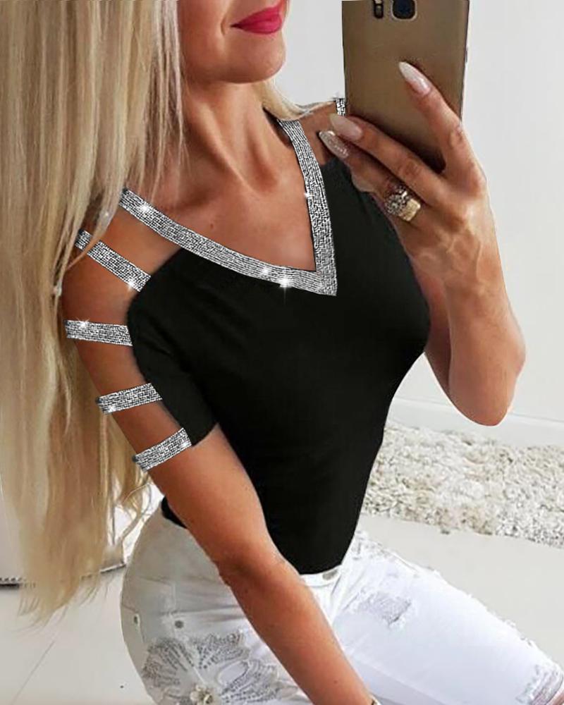 

Glitter Ladder Cutout Sleeve Casual Blouse, Black