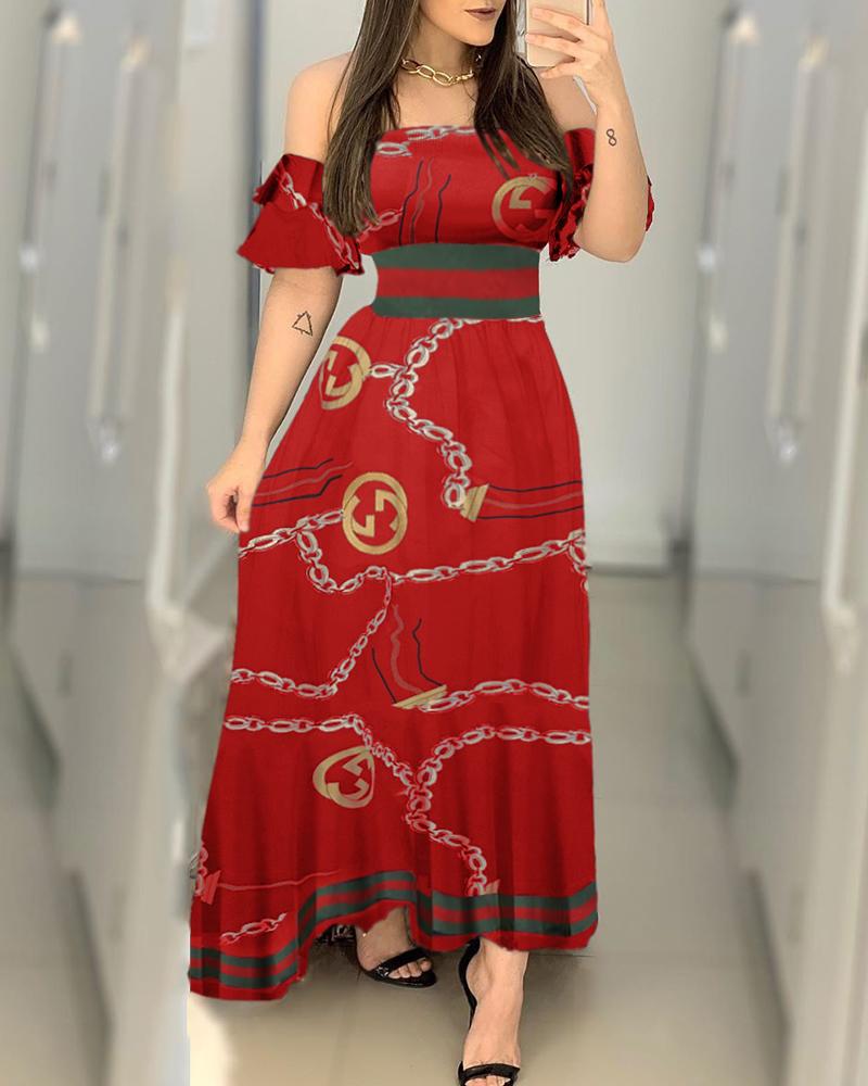 

Off Shoulder Chain Print Ruffles Sleeve Maxi Dress, Red