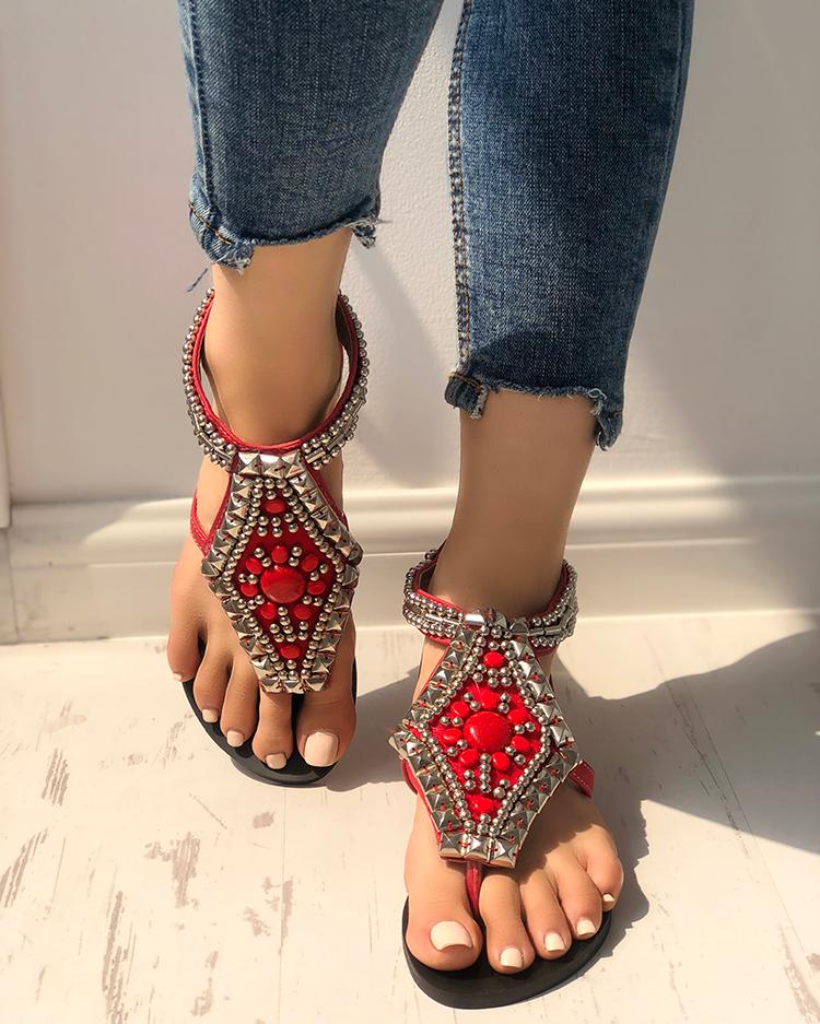 

Vintage Beaded Toe Post Gladiator Sandals, Red