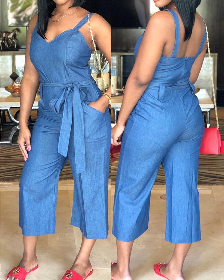 

Denim Waist Belted Wide Leg Jumpsuit, Blue