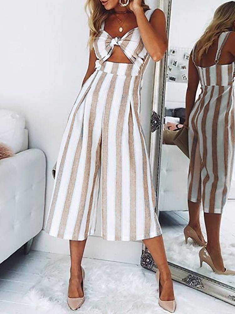 

Striped Twist Cutout Front Wide Leg Jumpsuit, Khaki