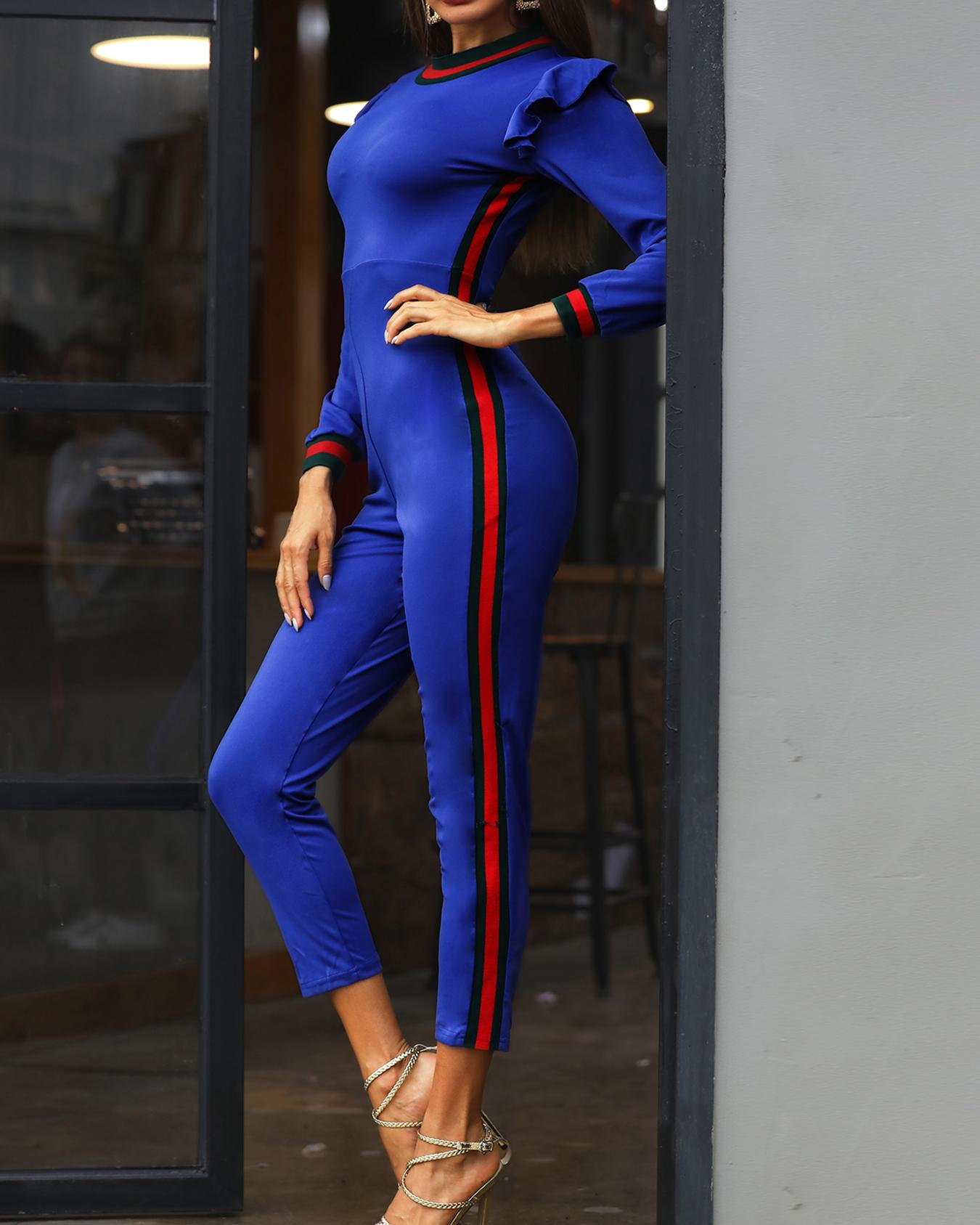 

Contrast Striped Hem Ruffles Slinky Jumpsuit