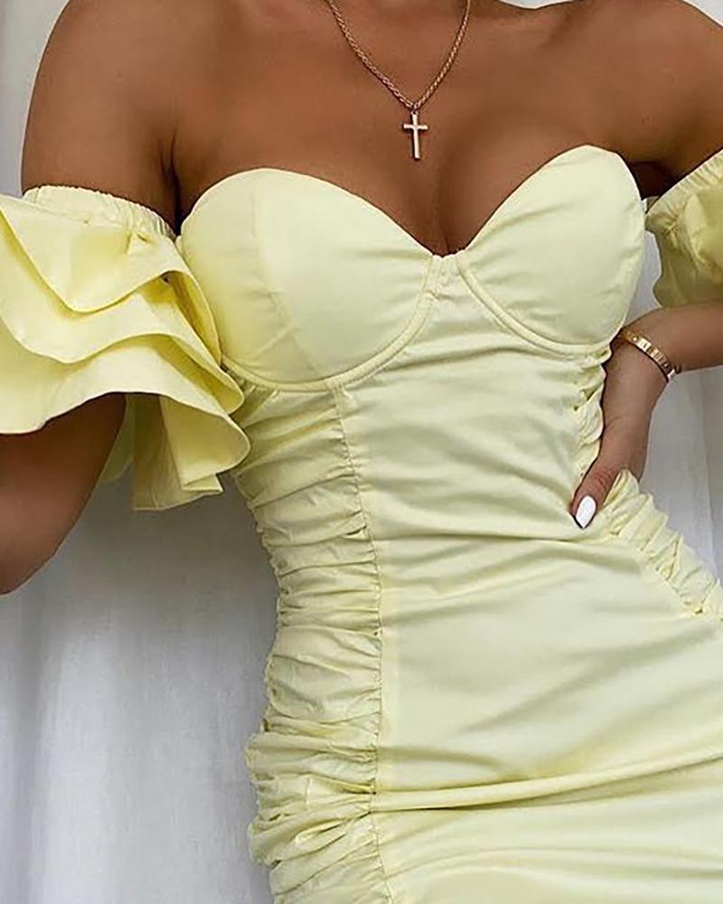 

Off Shoulder Layered Ruffles Sleeve Ruched Bodycon Dress, Yellow