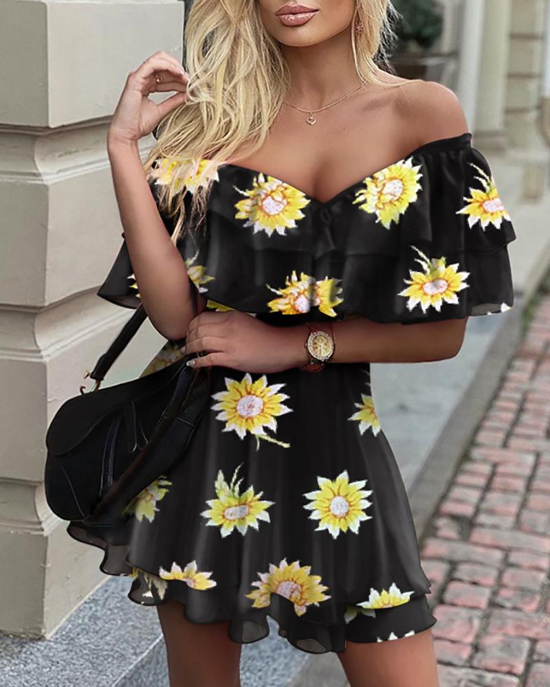 

Off Shoulder Sunflower Print Ruffles Skater Dress, Black