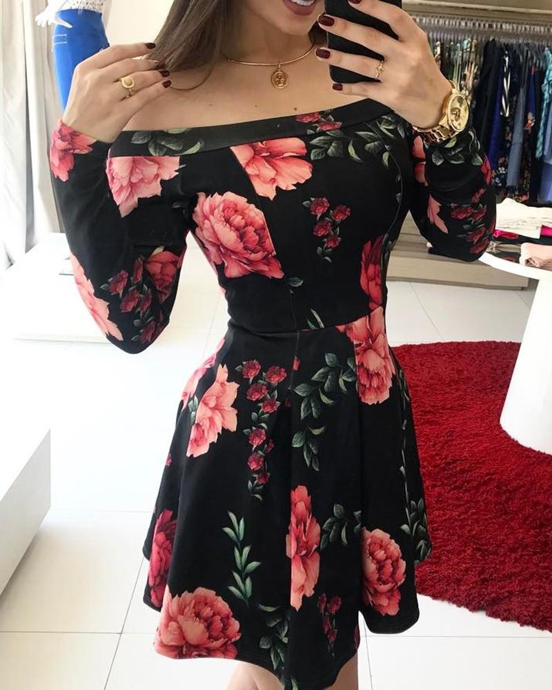 

Off Shoulder Floral Print Ruched Dress, Black
