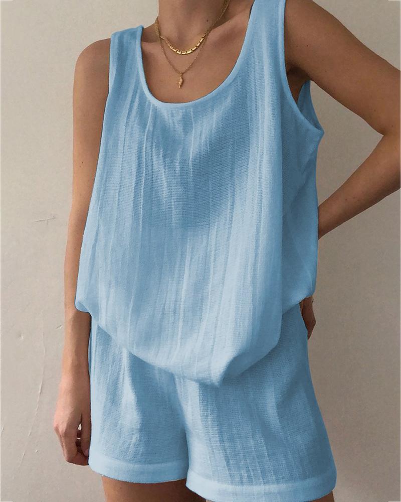 

Round Neck Casual Tank Top & Shorts Set, Blue