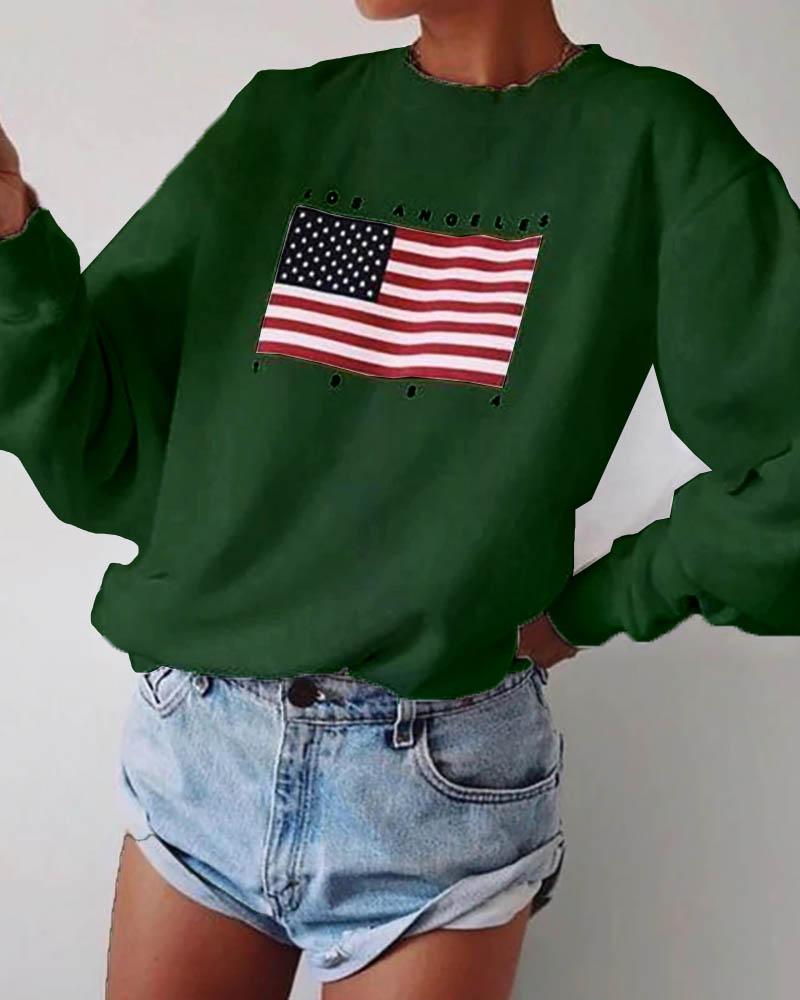 

American Flag Print Round Neck Casual Sweatshirt, Green