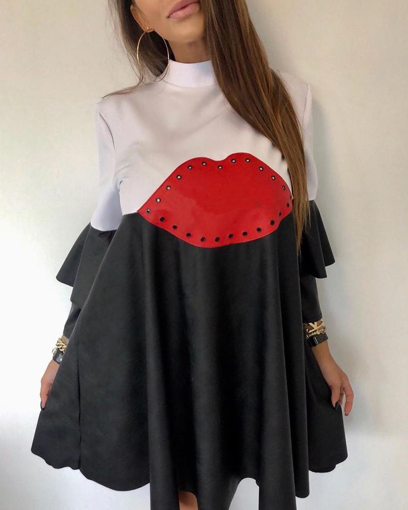 

Colorblock Lip Mock Neck Pleated Casual Dresses, Black