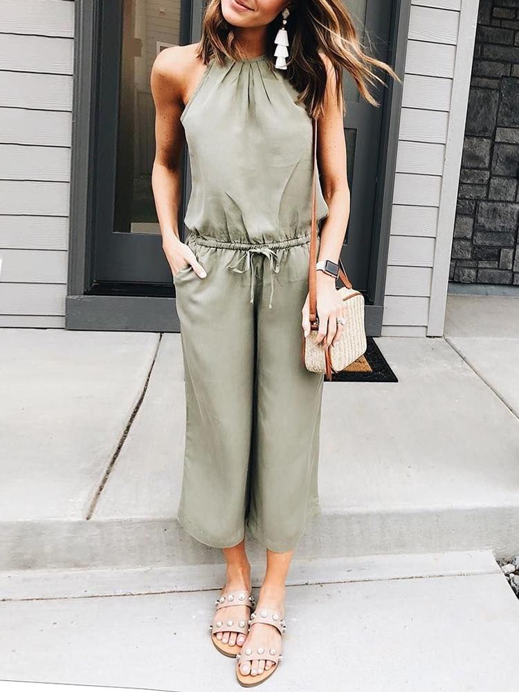 

Solid Halter Drawstring Wide Leg Jumpsuit, Green