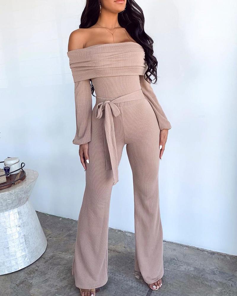 

Off The Shoulder Tie Waist Ribbed Jumpsuit, Purple