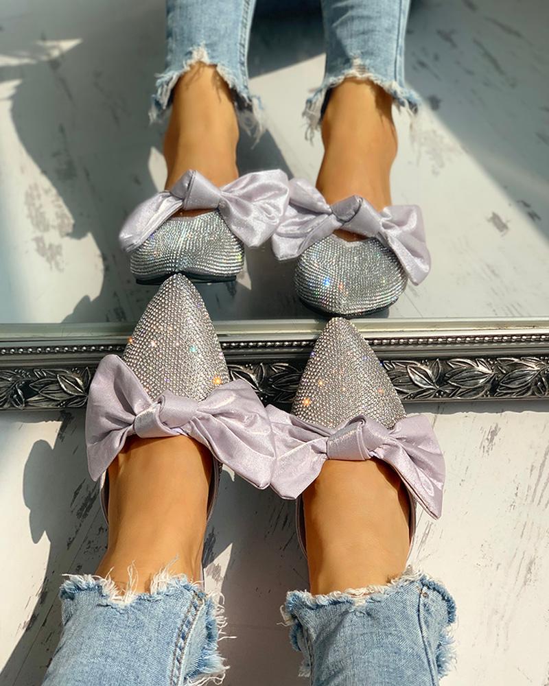

Bowknot Studded Pointed Toe Flat Shoes, White