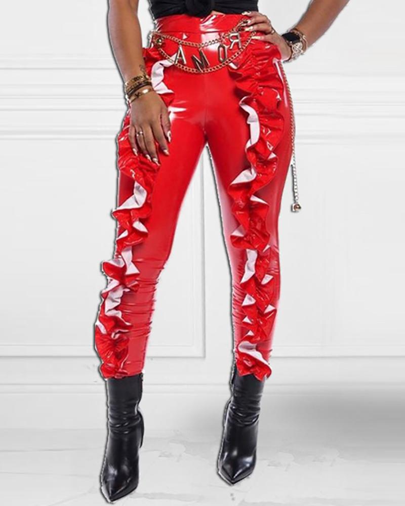 

Solid High Waist Frill Design Coated PU Pants, Red