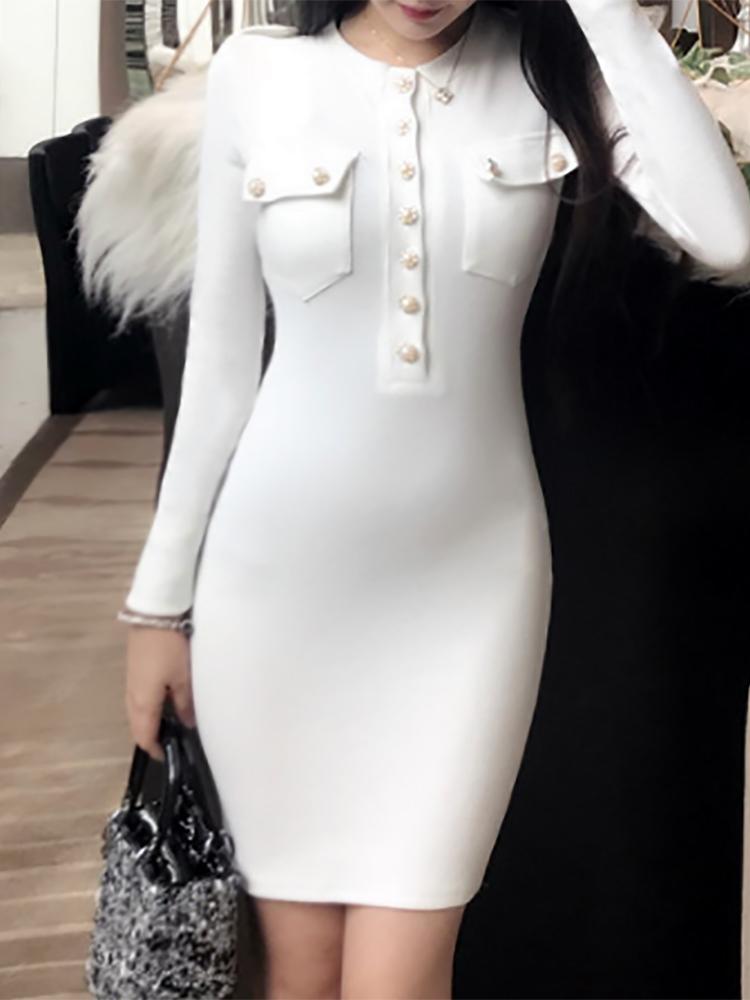 

Solid Button Pocket Design Bodycon Dress, White