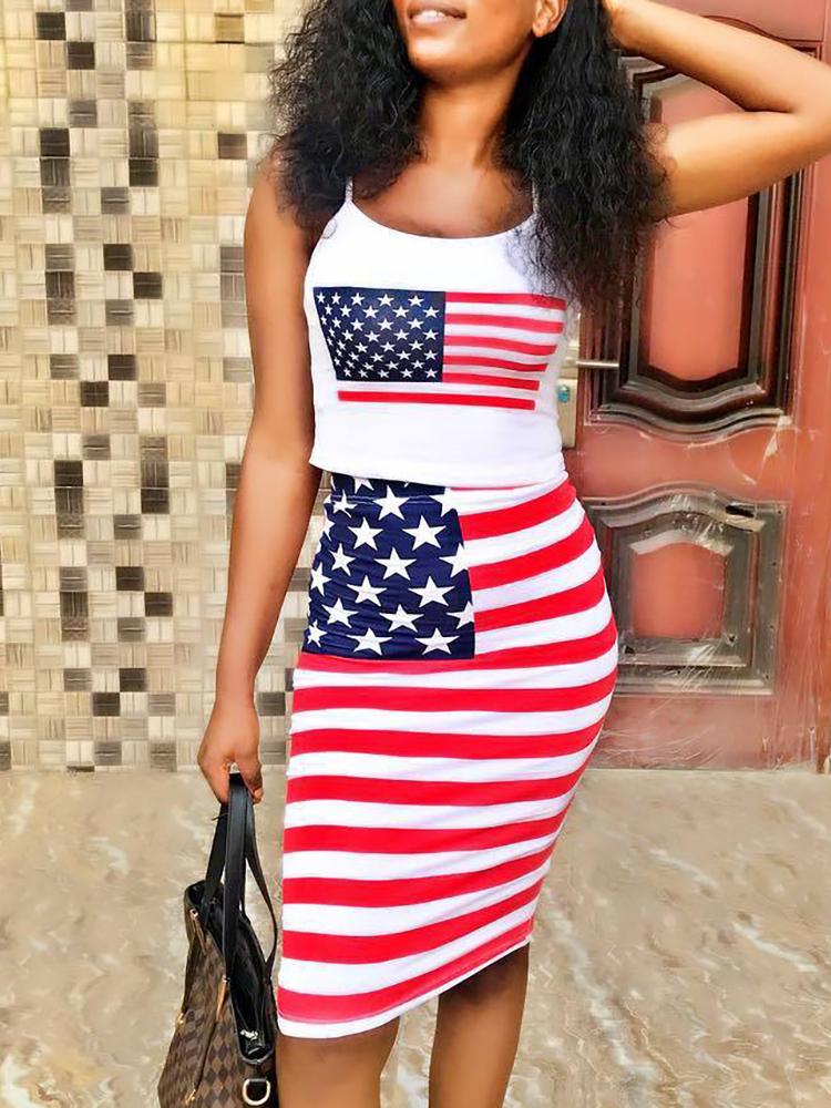 

Flag Print Slinky Spaghetti Strap Skirts Set, White