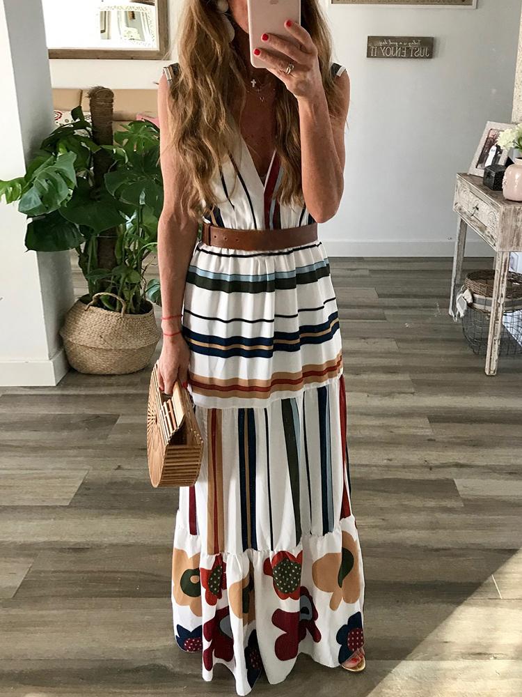 

Striped Patchwork Plunge Ruched Maxi Dress