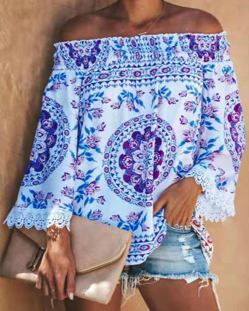 

Off Shoulder Print Shirring Design Lace Insert Blouse, Blue