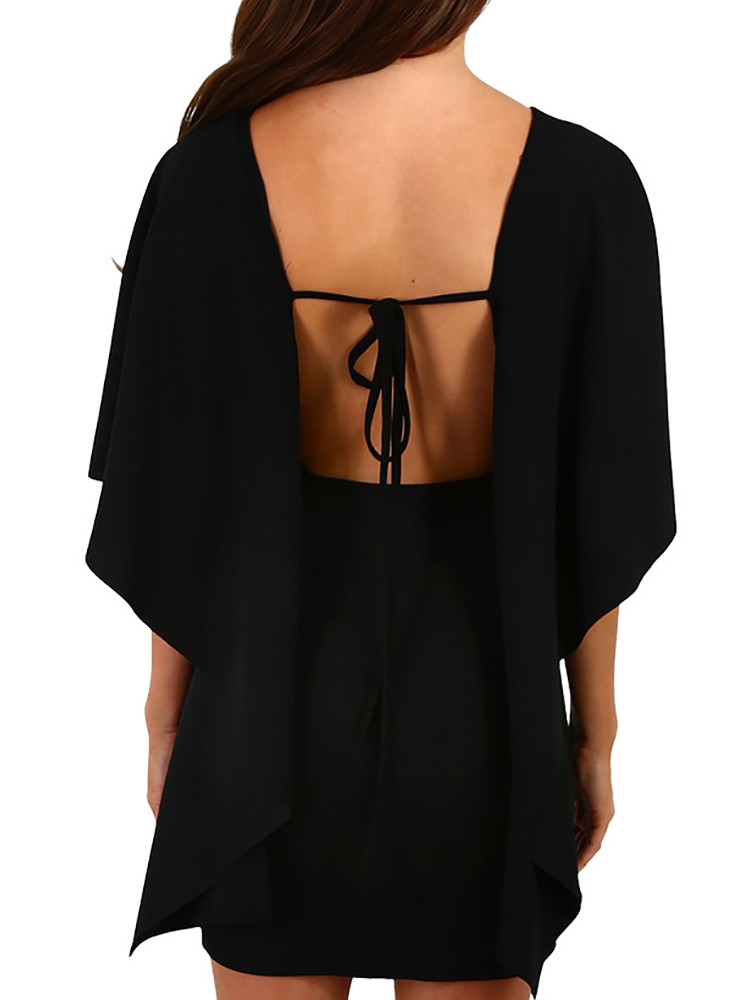

Spring Trendy Drawstring Open Back Mini Frill Dress, Wine red;blue;khaki;black;army green;dark blue