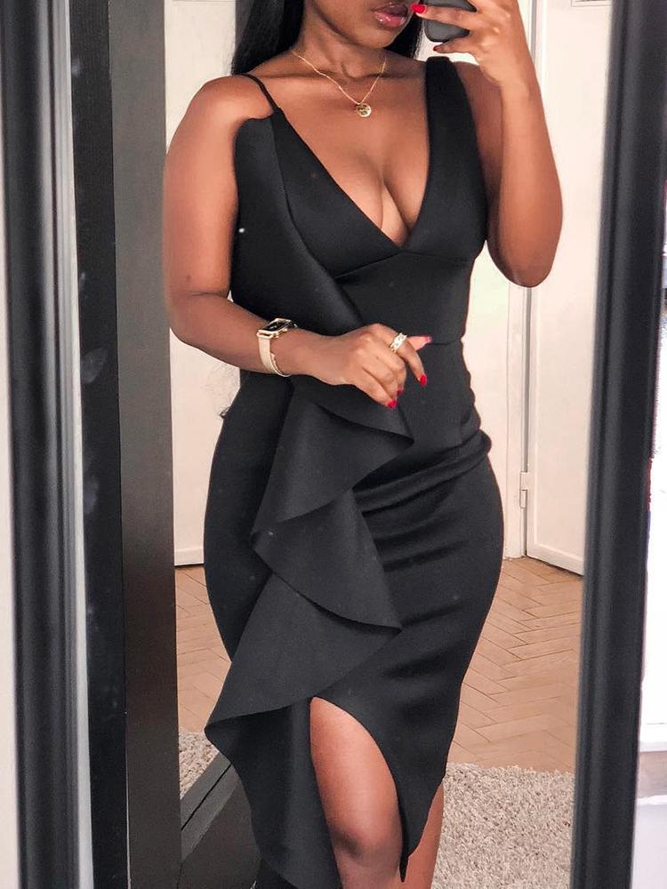 

Solid Ruffles Spaghetti Strap Bodycon Dress