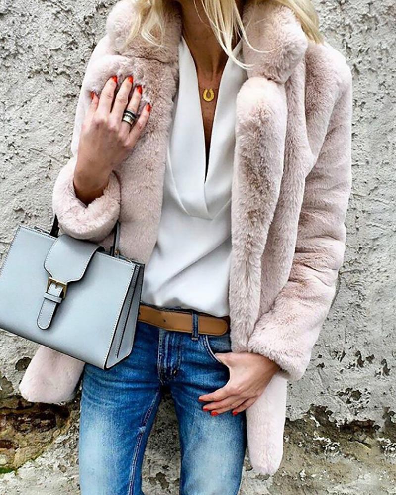 

Solid Open Front Long Sleeve Fluffy Coat, Pink