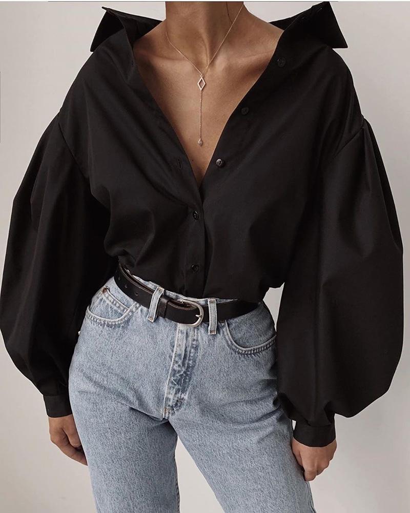

Solid Lantern Sleeve Casual Shirt, Black