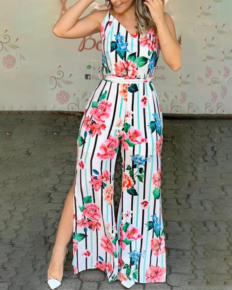 

Slit Leg Floral Striped Print Jumpsuit, White