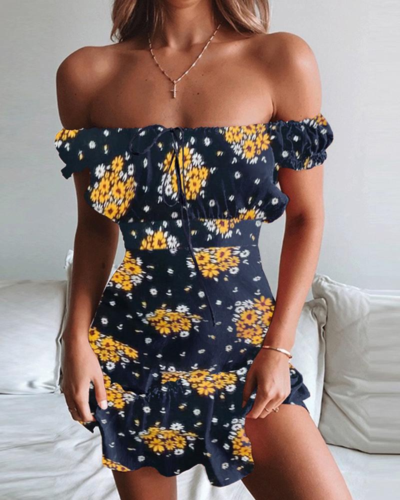 

Off Shoulder Ruffles Floral Print Dress, Purplish blue