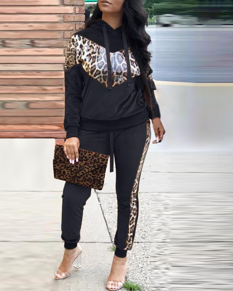 

Leopard Drawstring Design Hooded Top & Pencil Pant Sets, Black