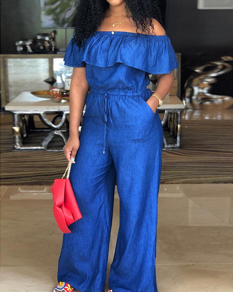 

Off Shoulder Drawstring Wide Leg Denim Jumpsuit