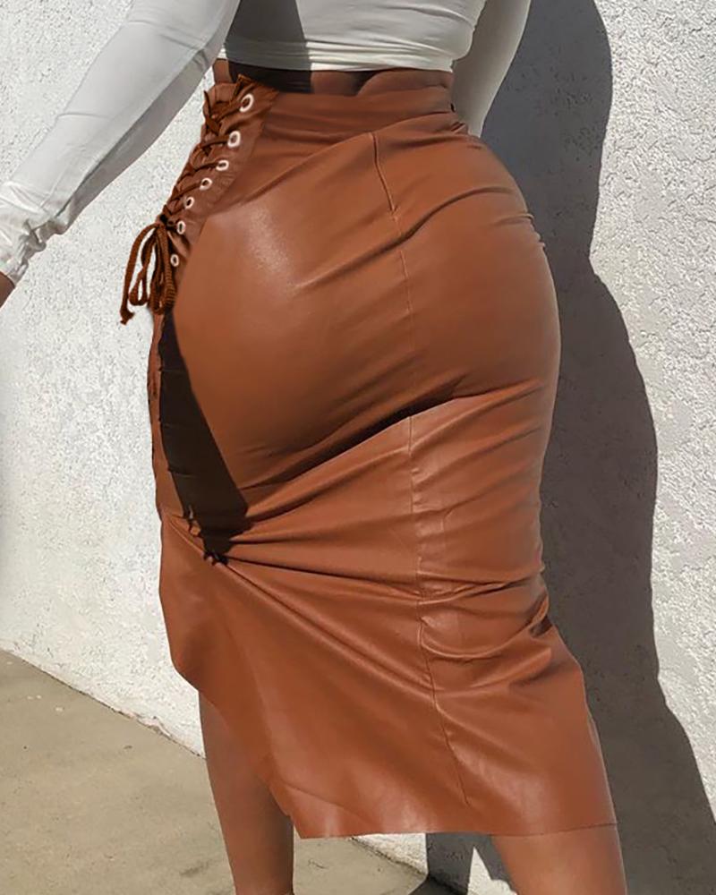 

PU Leather Eyelet Lace Up Midi Skirt, Khaki
