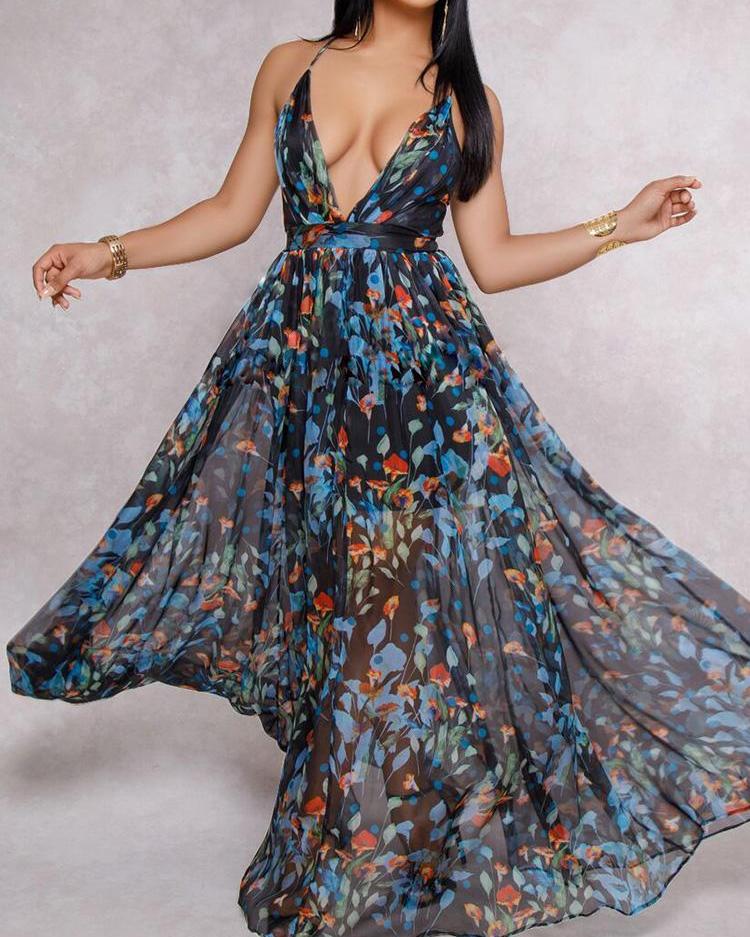 

Floral Print Pleated Backless Slip Maxi Dress, Blue