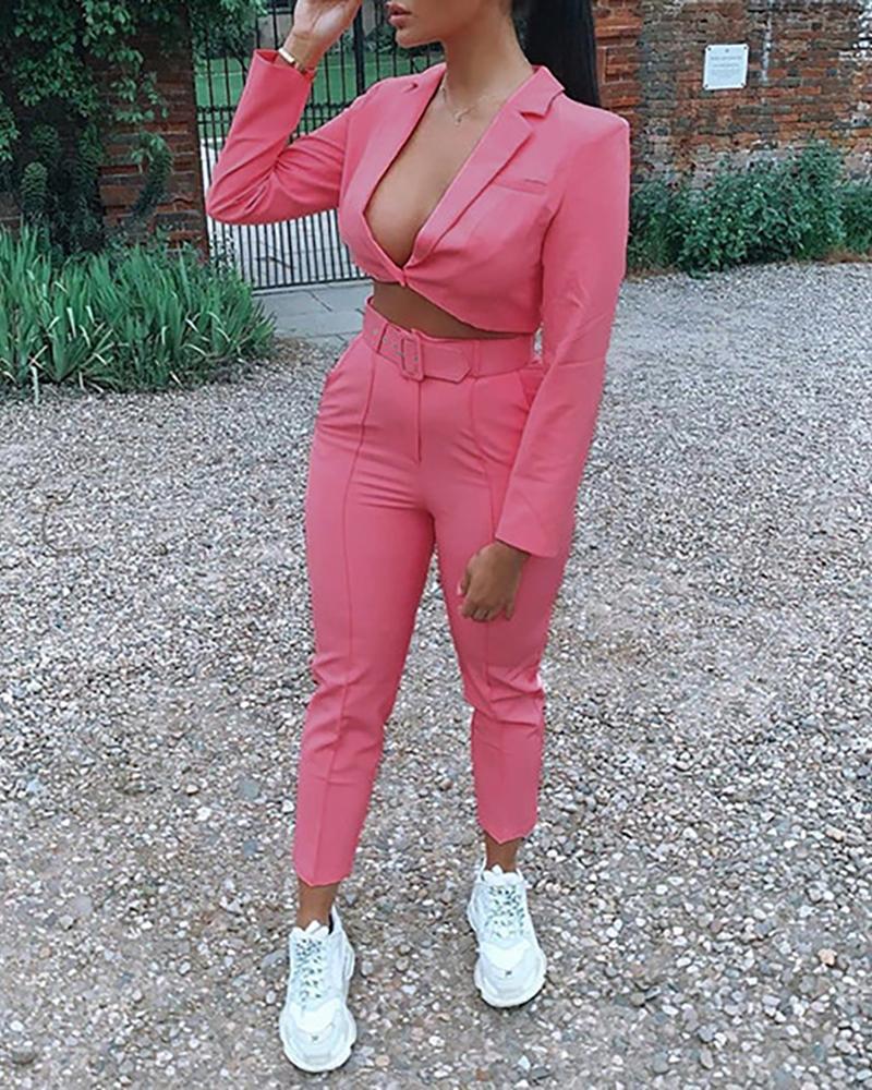 

Notched Collar Patch Pocket Blazer & Pants Sets, Pink